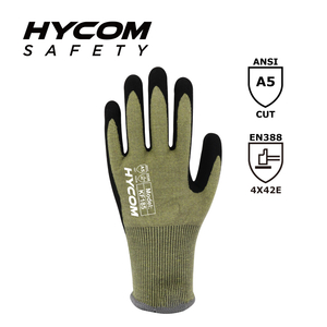 HYCOM 砂質ニトリル PPE でコーティングされた 18G ANSI 5 ケブラー耐切創手袋、産業用