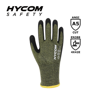 HYCOM 15G ANSI 5 パラアラミド耐切創手袋、パームサンディニトリルコーティング HPPE 手袋
