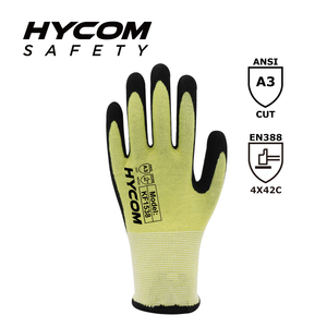 HYCOM 15G ANSI 3 パラアラミド耐切創手袋、砂ニトリルコーティング付き耐熱手袋