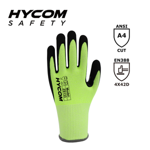 HYCOM 13G ANSI 4 スチール不使用、ガラス不使用、発泡ニトリルコーティング付き耐切創手袋、親指股部強化作業手袋