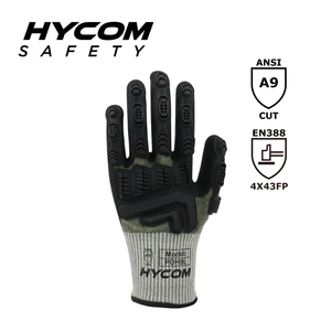 HYCOM 13G ブレスカット ANSI 9 耐切創手袋、サンディニトリルおよび TPR コーティング付きアラミド作業手袋